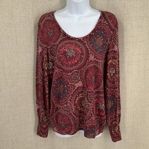 Talbots Sweater Women L Red Merino Wool Medallion Paisley Scoop Neck Long Sleeve